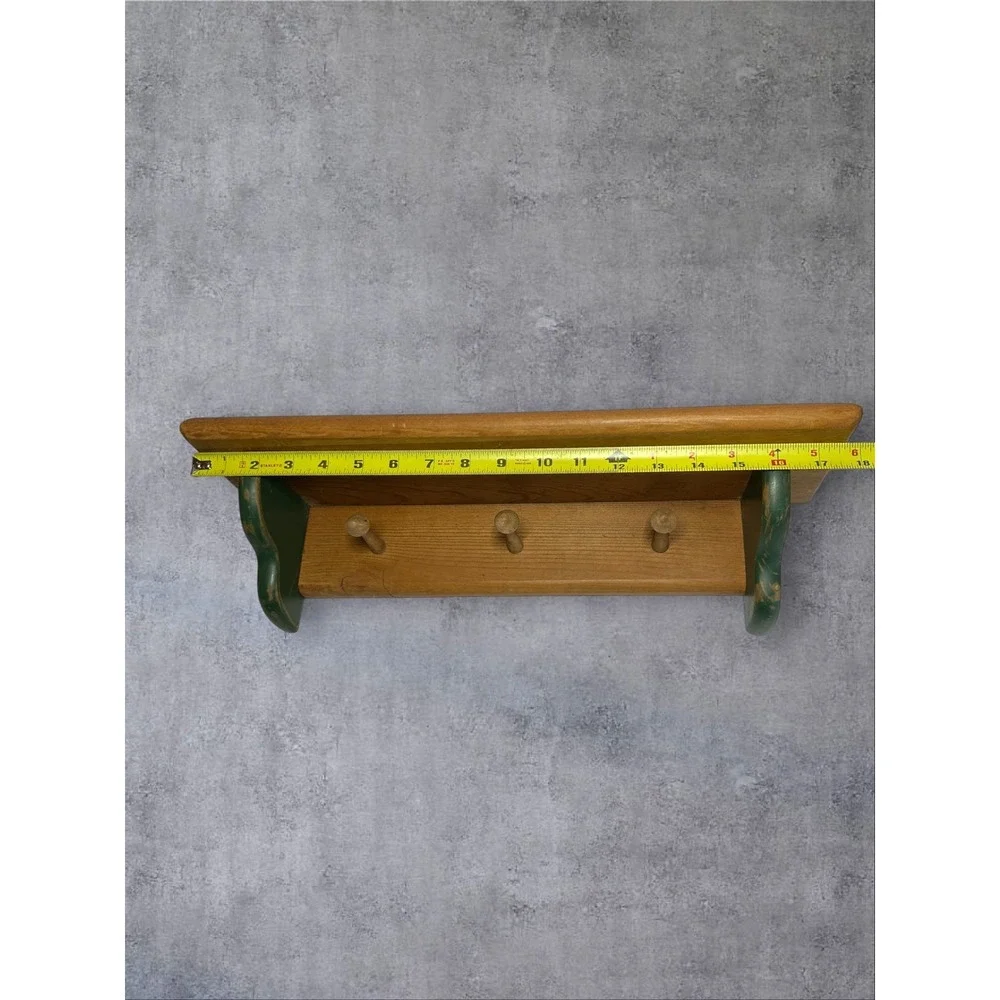 Idle Hands Wood Wall Shelf 18 Inch Brown Green 3 Peg Farmhouse Rack
